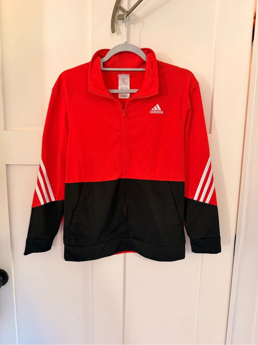 adidas Kids Red and Black Zip-Up Track Jacket with White Stripes